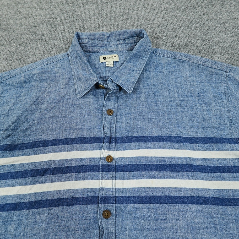 Haggar Shirt Mens XL Blue Chambray Striped Short Sleeve Button Up Classic